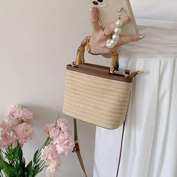 Eiyye Straw Purse Small Bamboo Handle Purse Hobo Purses Crossbody Bag Shoulder Bag for Women with Adjustable Strap