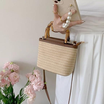 Eiyye Straw Purse Small Bamboo Handle Purse Hobo Purses Crossbody Bag Shoulder Bag for Women with Adjustable Strap