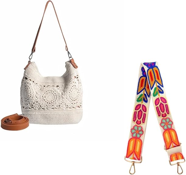 Eiyye Boho Crochet Shoulder Bag with Colorful Adjustable Strap Handwoven Cotton Purse with Interchangeable Boho Strap for Crossbody or Shoulder Wear