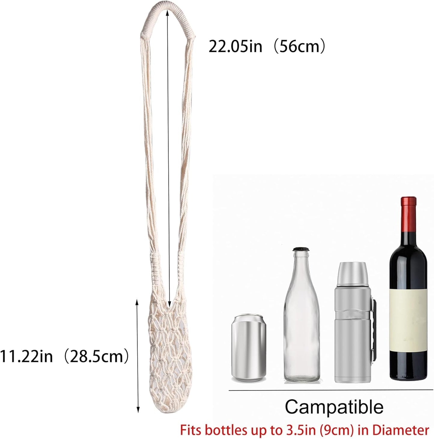 Eiyye 2-Pieces Macrame Bottle Holder Cotton Woven Wine Carrier Fits 3.5" Diameter Bottles Drink Tote Bag for Water, Wine, Cans