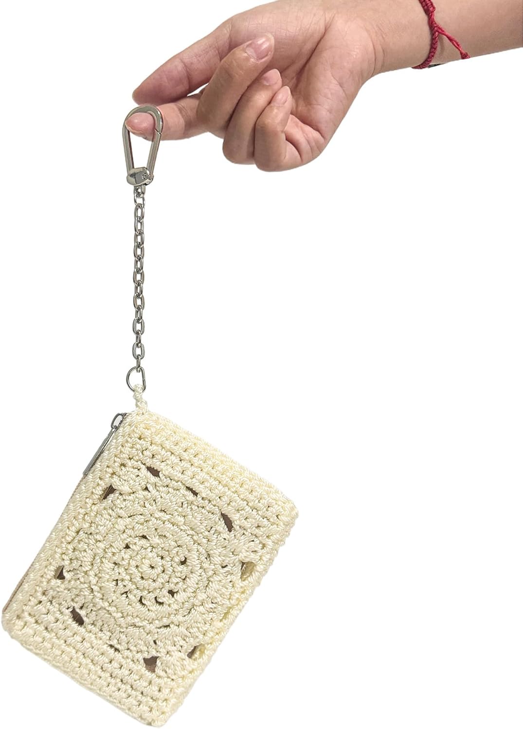 Eiyye Card Holder Wallet Handmade Crochet Small Wallet with Zipper Credit Card Holder for Coin Cards & Driver's License (Khaki)