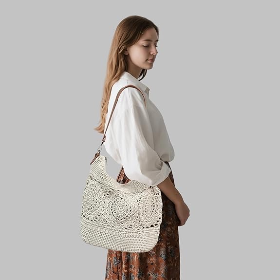 Eiyye Boho Crochet Shoulder Bag with Colorful Adjustable Strap Handwoven Cotton Purse with Interchangeable Boho Strap for Crossbody or Shoulder Wear