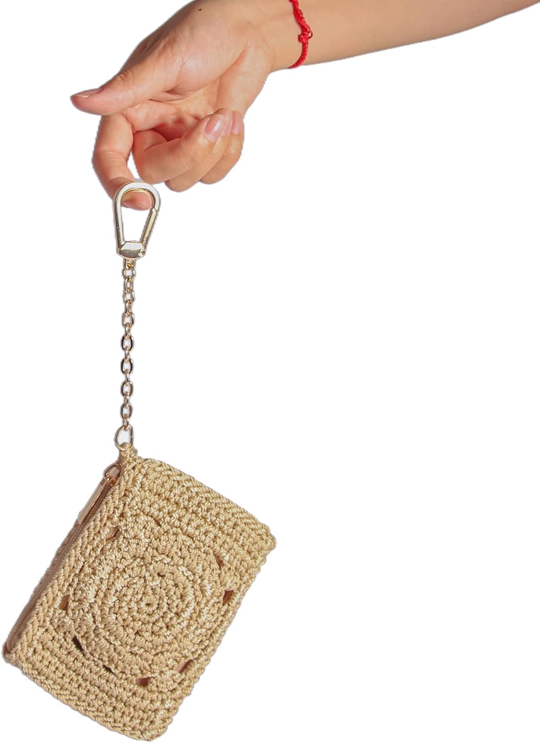 Eiyye Card Holder Wallet Handmade Crochet Small Wallet with Zipper Credit Card Holder for Coin Cards & Driver's License (Khaki)