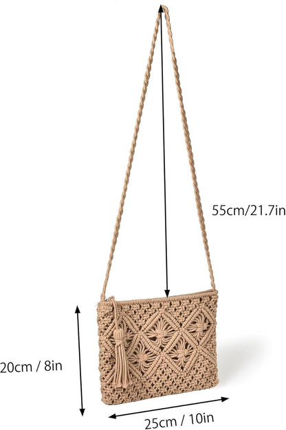 Eiyye Handmade Crochet Crossbody Bag – Cotton Rope Boho Purse with Zipper (10" × 8")