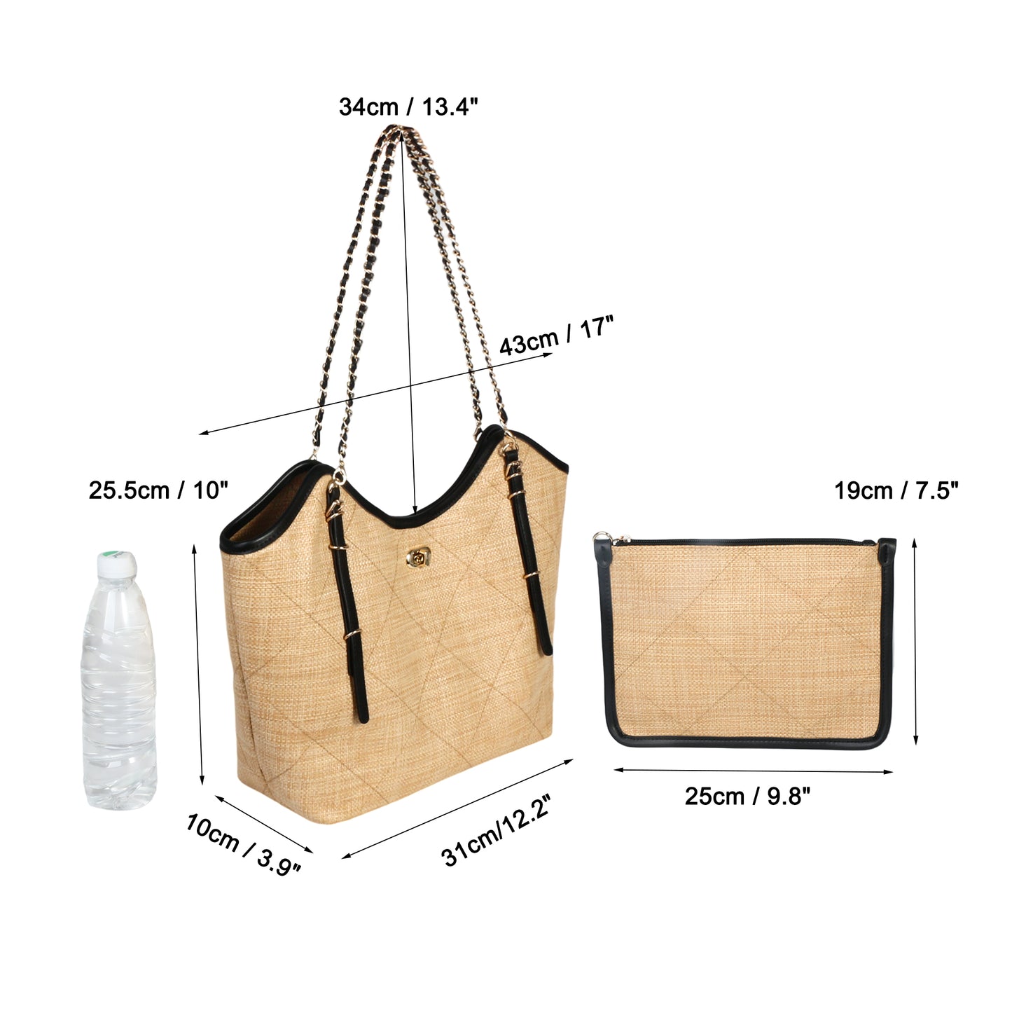 Large woven tote bag size 12.2 inch bottom length 10 inch height 17.3 inch top width
