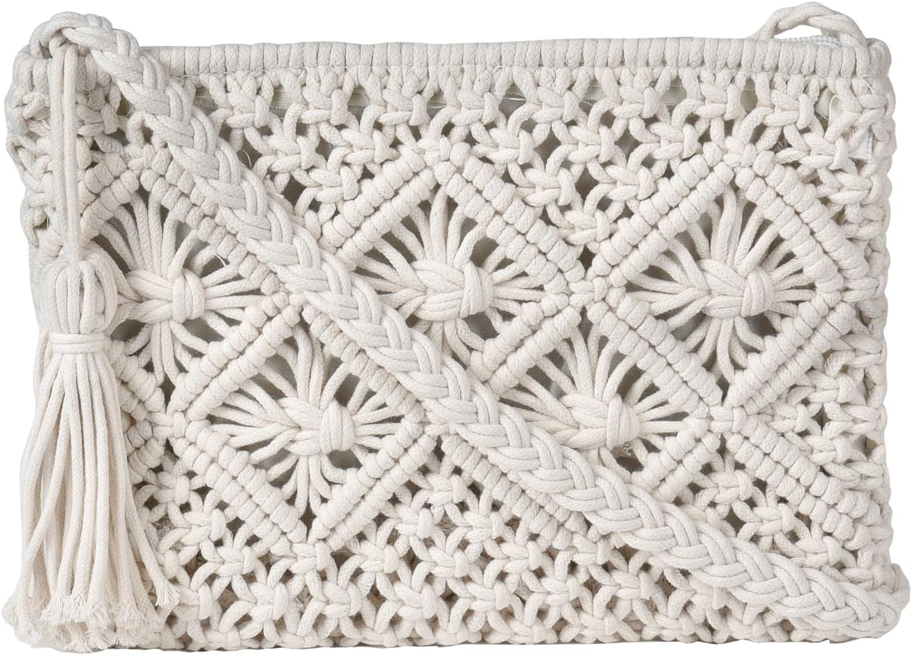 Eiyye Handmade Crochet Crossbody Bag – Cotton Rope Boho Purse with Zipper (10" × 8")