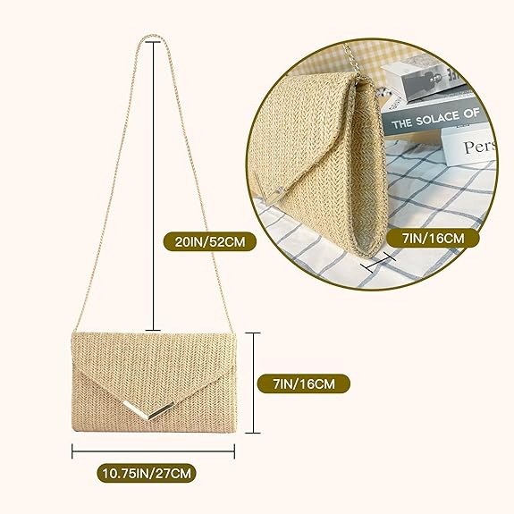 Eiyye Straw Clutch for Women Woven Rattan Evening Purse with Chain Strap Boho Clutch Handbag for Wedding Party Vacation