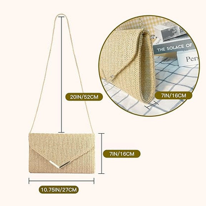 Eiyye Straw Clutch for Women Woven Rattan Evening Purse with Chain Strap Boho Clutch Handbag for Wedding Party Vacation