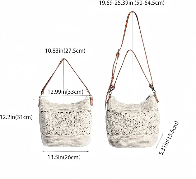 Eiyye Boho Crochet Shoulder Bag with Colorful Adjustable Strap Handwoven Cotton Purse with Interchangeable Boho Strap for Crossbody or Shoulder Wear