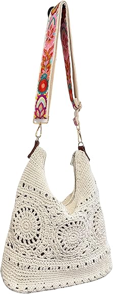 Eiyye Boho Crochet Shoulder Bag with Colorful Adjustable Strap Handwoven Cotton Purse with Interchangeable Boho Strap for Crossbody or Shoulder Wear