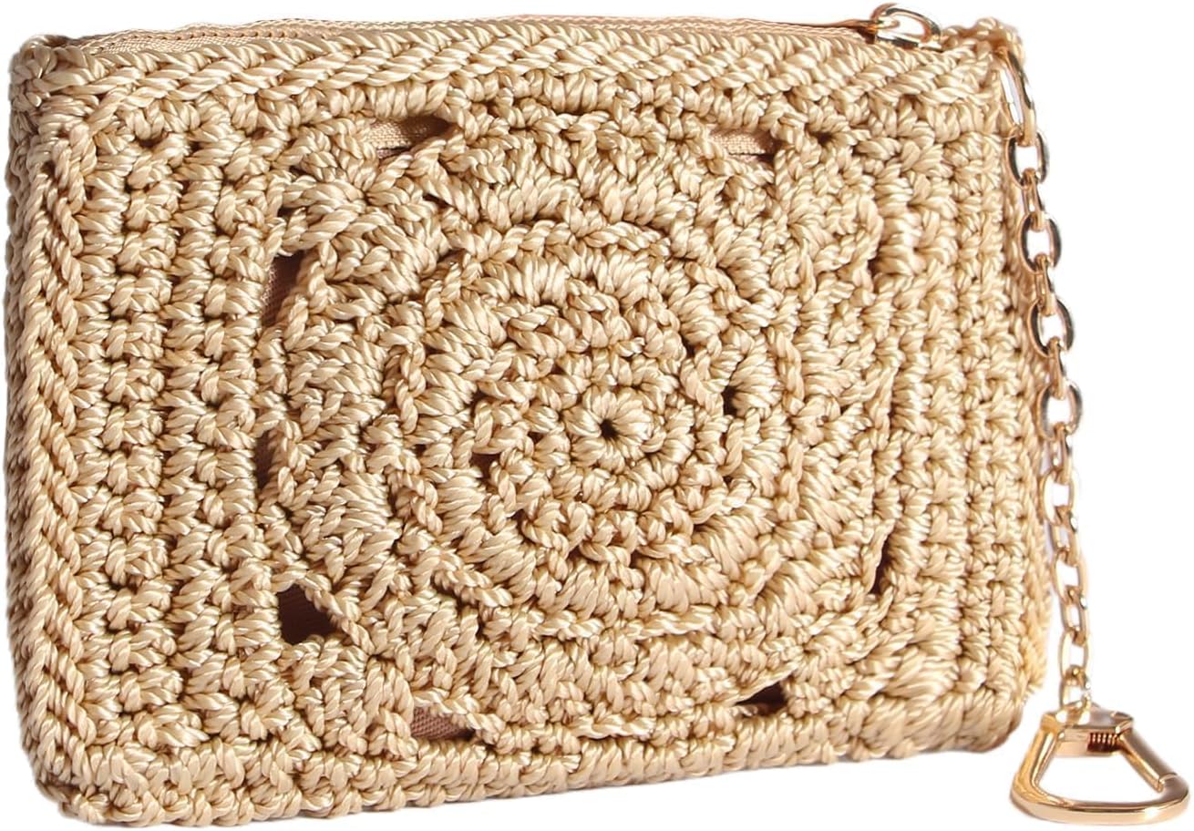 Eiyye Card Holder Wallet Handmade Crochet Small Wallet with Zipper Credit Card Holder for Coin Cards & Driver's License (Khaki)