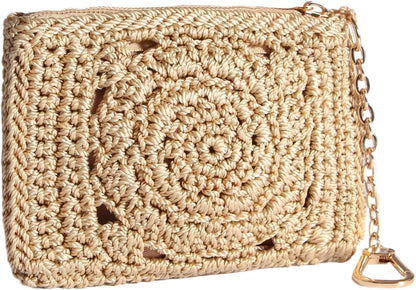 Eiyye Card Holder Wallet Handmade Crochet Small Wallet with Zipper Credit Card Holder for Coin Cards & Driver's License (Khaki)