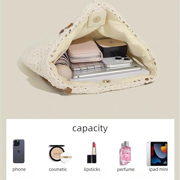 Eiyye Crochet Tote Bag Handwoven Cotton Beach Shoulder Bag with Linen Lining Hobo Summer Vacation Purse for Women