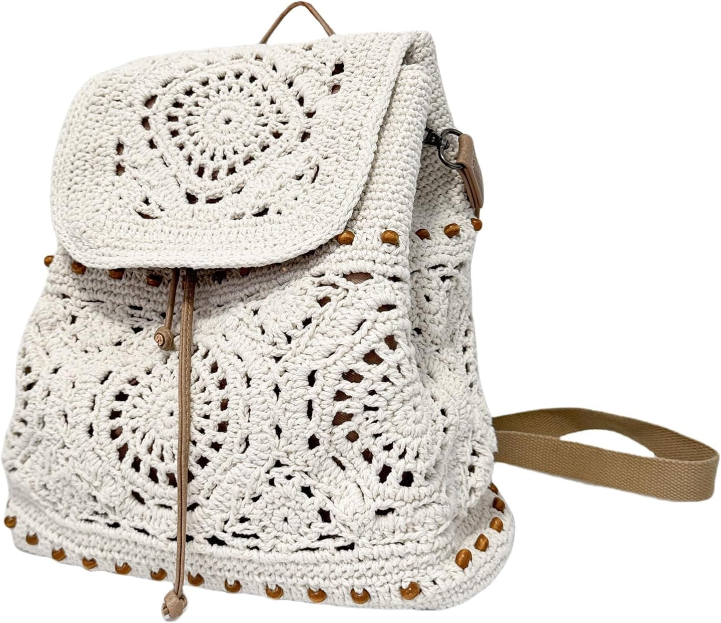 Eiyye Boho Crochet Backpack – Handmade Cotton Rope Rucksack with Drawstring & Flap (Adjustable Straps)