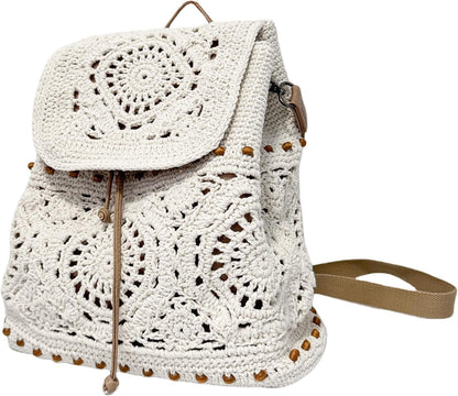Eiyye Boho Crochet Backpack – Handmade Cotton Rope Rucksack with Drawstring & Flap (Adjustable Straps)