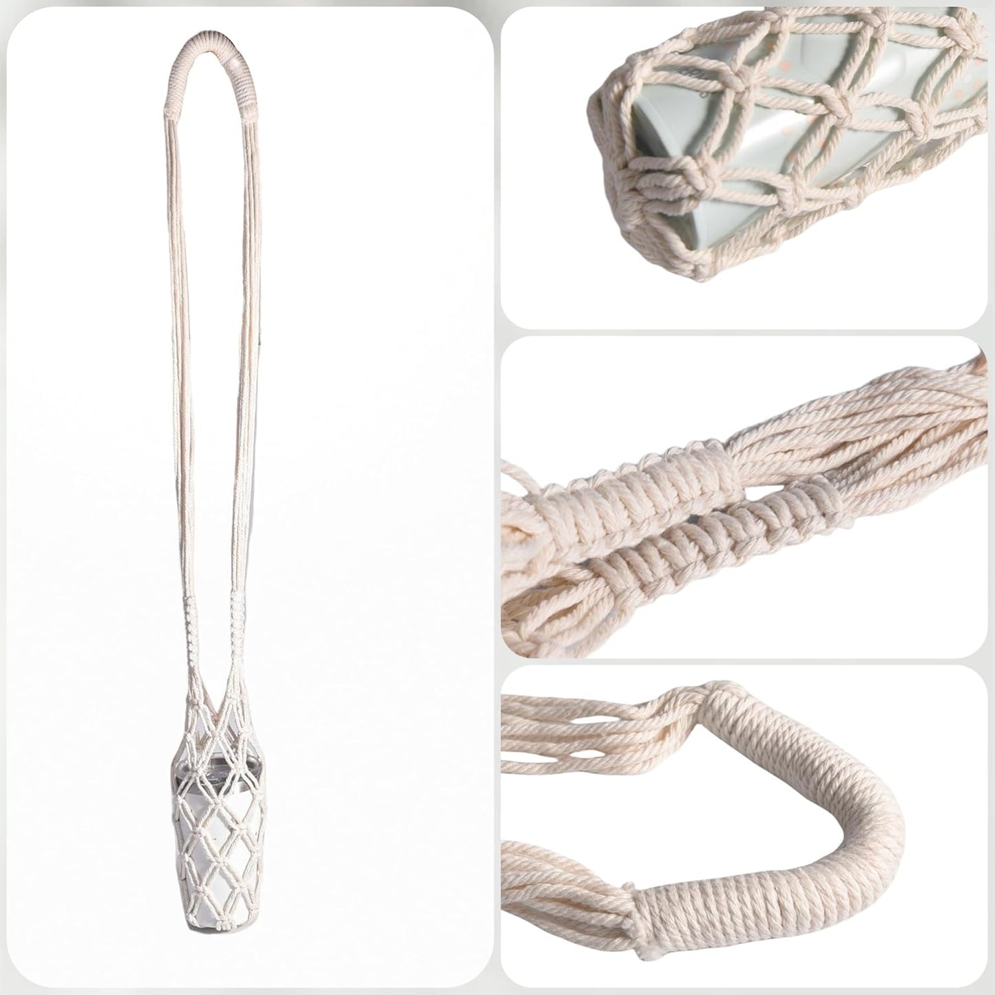 Eiyye 2-Pieces Macrame Bottle Holder Cotton Woven Wine Carrier Fits 3.5" Diameter Bottles Drink Tote Bag for Water, Wine, Cans