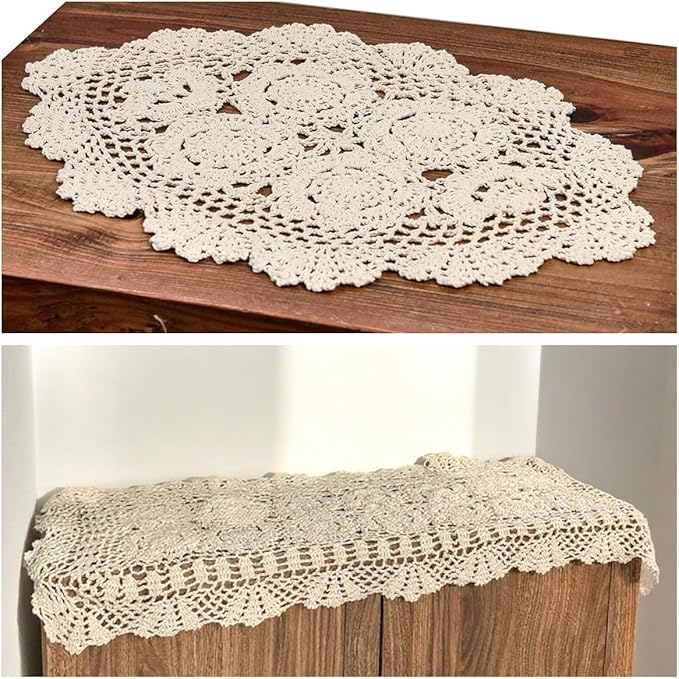 Eiyye Cotton Crochet Table Runner and Oval Placemat Set Beige Lace Doily Style, Table Cover Mat for Dining Table Dresser Farmhouse Décor
