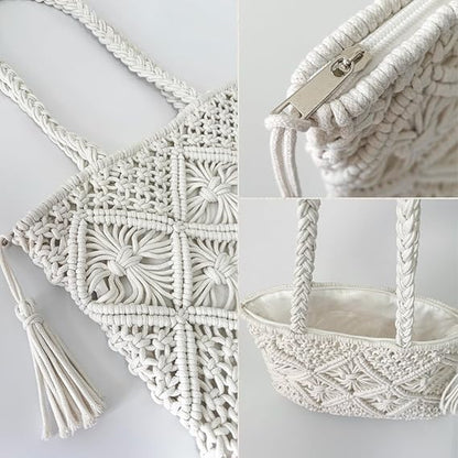 Eiyye Cotton Rope Tote Bag for Women Handmade Woven Shoulder Bag Casual Boho Purse for Travel Shopping