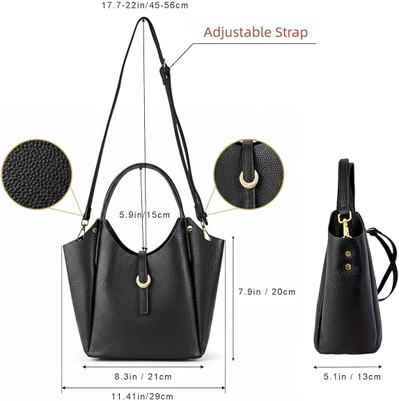 Leather bucket bag worn crossbody with adjustable strap