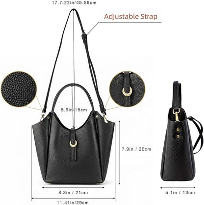 Leather bucket bag worn crossbody with adjustable strap