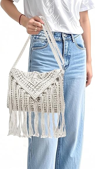 Eiyye Crochet Crossbody Bag for Women Handmade Macrame Fringe Shoulder Purse Boho Purse Fall Festival & Travel Bag Lightweight Tassel Tote Handbag
