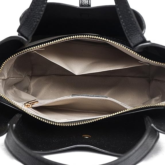 Inside view with everyday essentials in the bucket purse