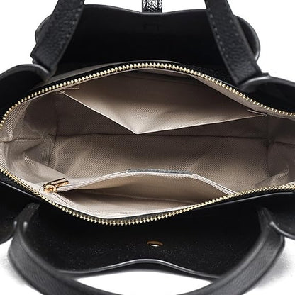 Inside view with everyday essentials in the bucket purse