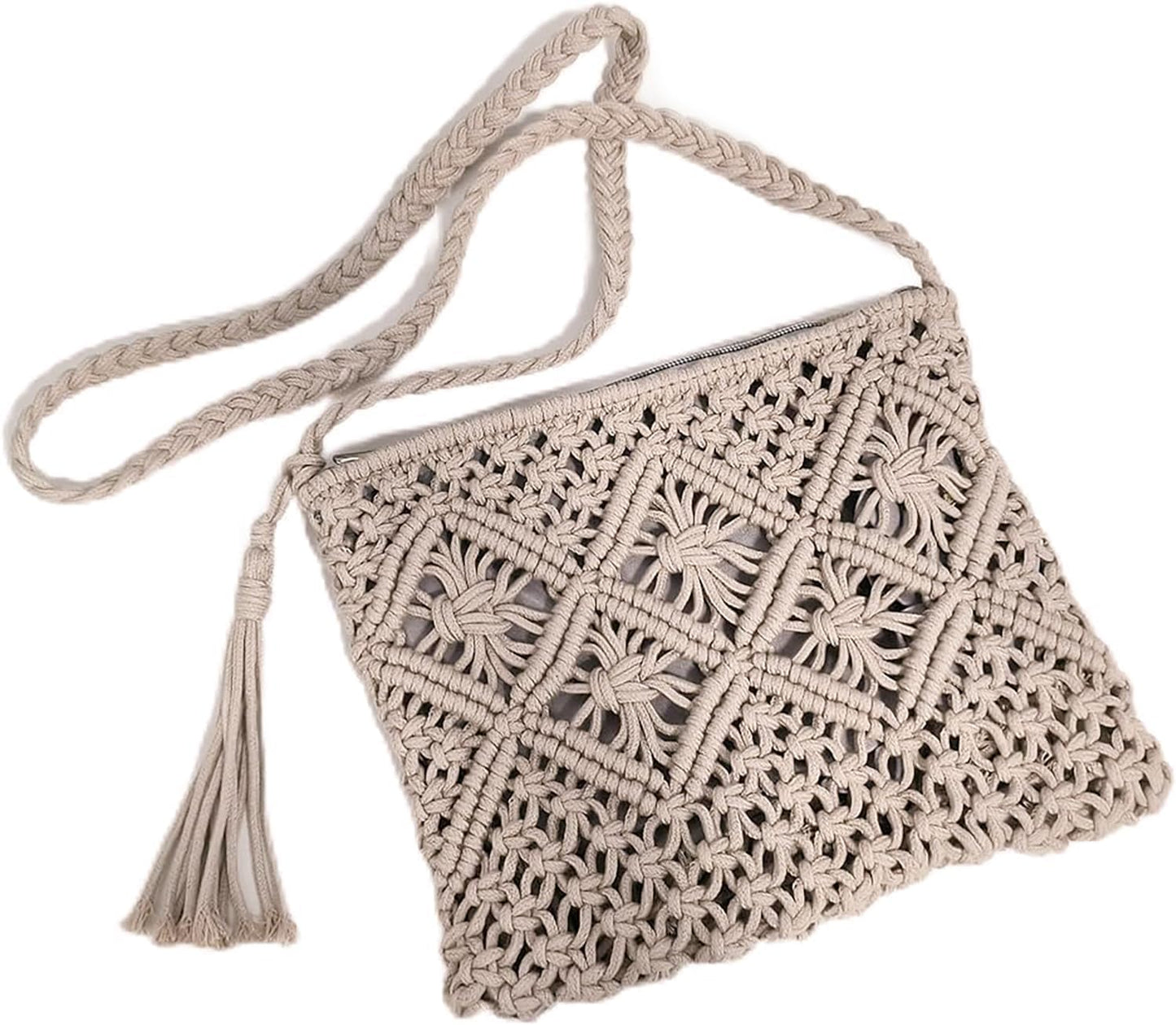 Eiyye Handmade Crochet Crossbody Bag – Cotton Rope Boho Purse with Zipper (10" × 8")