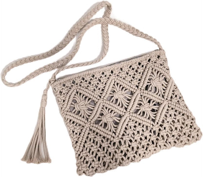 Eiyye Handmade Crochet Crossbody Bag – Cotton Rope Boho Purse with Zipper (10" × 8")