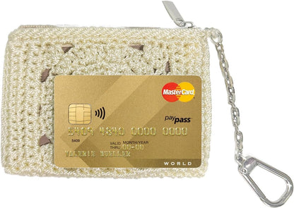 Eiyye Card Holder Wallet Handmade Crochet Small Wallet with Zipper Credit Card Holder for Coin Cards & Driver's License (Khaki)