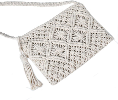 Eiyye Handmade Crochet Crossbody Bag – Cotton Rope Boho Purse with Zipper (10" × 8")