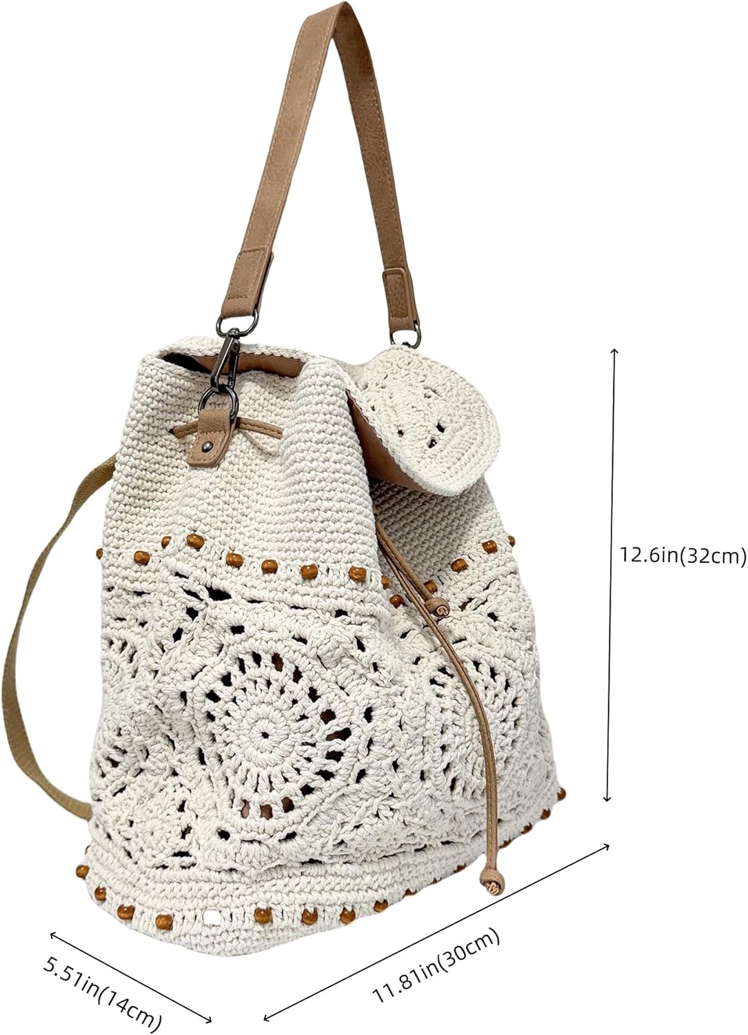 Eiyye Boho Crochet Backpack – Handmade Cotton Rope Rucksack with Drawstring & Flap (Adjustable Straps)