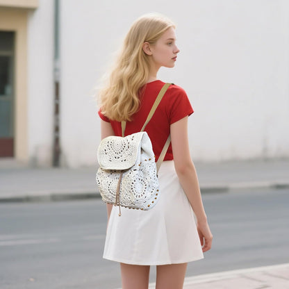 Eiyye Boho Crochet Backpack – Handmade Cotton Rope Rucksack with Drawstring & Flap (Adjustable Straps)