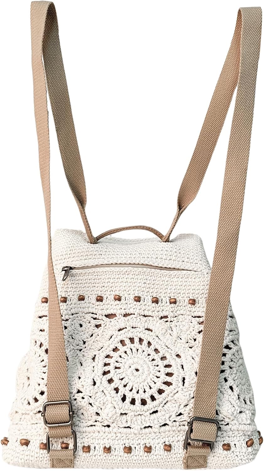 Eiyye Boho Crochet Backpack – Handmade Cotton Rope Rucksack with Drawstring & Flap (Adjustable Straps)