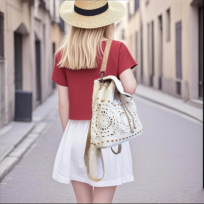 Eiyye Boho Crochet Backpack – Handmade Cotton Rope Rucksack with Drawstring & Flap (Adjustable Straps)