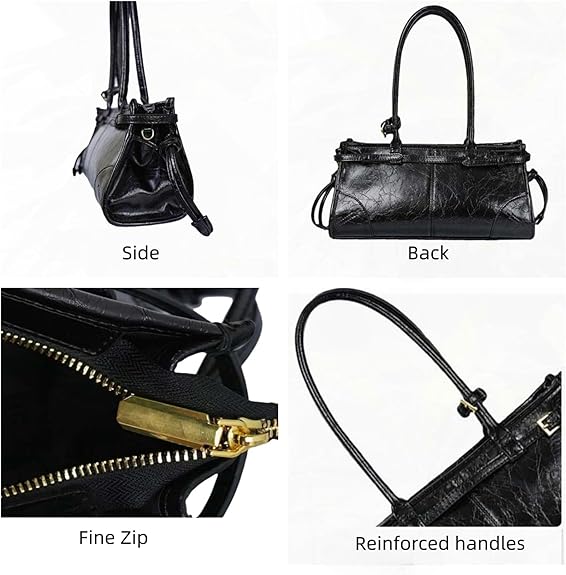 Boston handbag carried by top handles, side angle