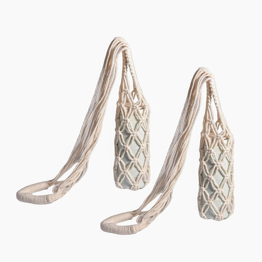 Eiyye 2-Pieces Macrame Bottle Holder Cotton Woven Wine Carrier Fits 3.5" Diameter Bottles Drink Tote Bag for Water, Wine, Cans