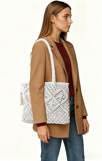 Eiyye Cotton Rope Tote Bag for Women Handmade Woven Shoulder Bag Casual Boho Purse for Travel Shopping