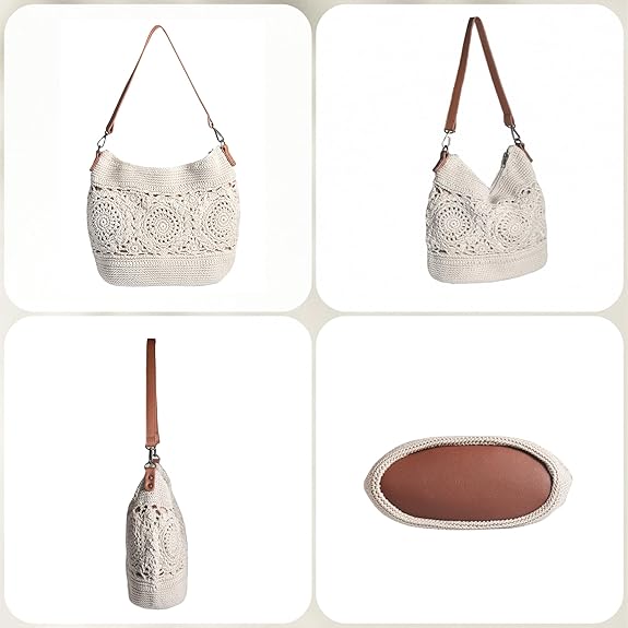 Eiyye Boho Crochet Shoulder Bag with Colorful Adjustable Strap Handwoven Cotton Purse with Interchangeable Boho Strap for Crossbody or Shoulder Wear