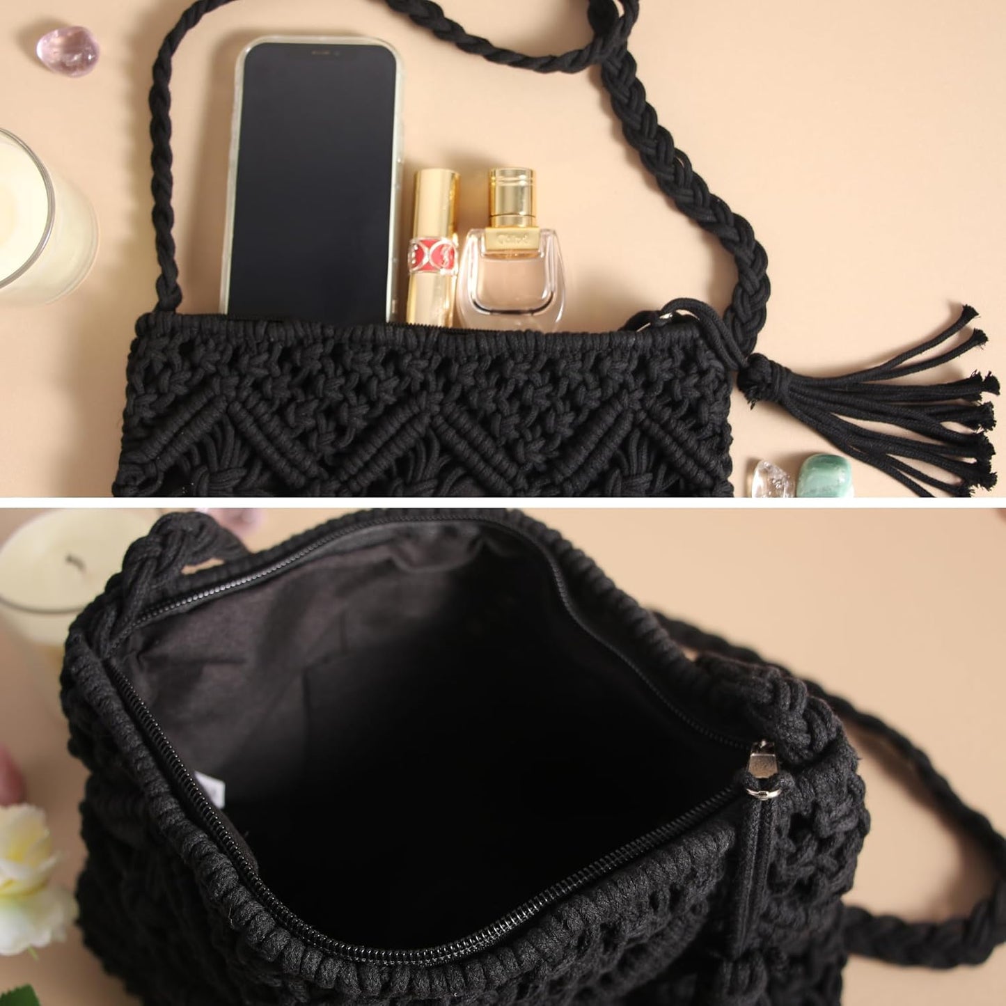 Eiyye Handmade Crochet Crossbody Bag – Cotton Rope Boho Purse with Zipper (10" × 8")