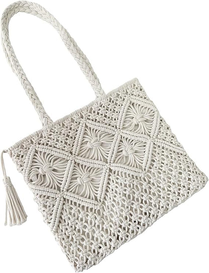 Eiyye Cotton Rope Tote Bag for Women Handmade Woven Shoulder Bag Casual Boho Purse for Travel Shopping