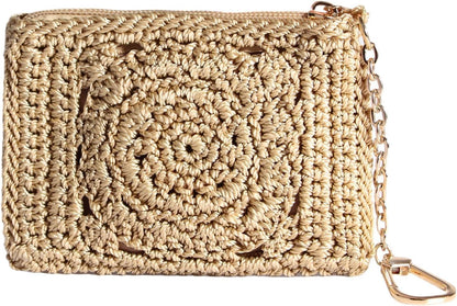 Eiyye Card Holder Wallet Handmade Crochet Small Wallet with Zipper Credit Card Holder for Coin Cards & Driver's License (Khaki)