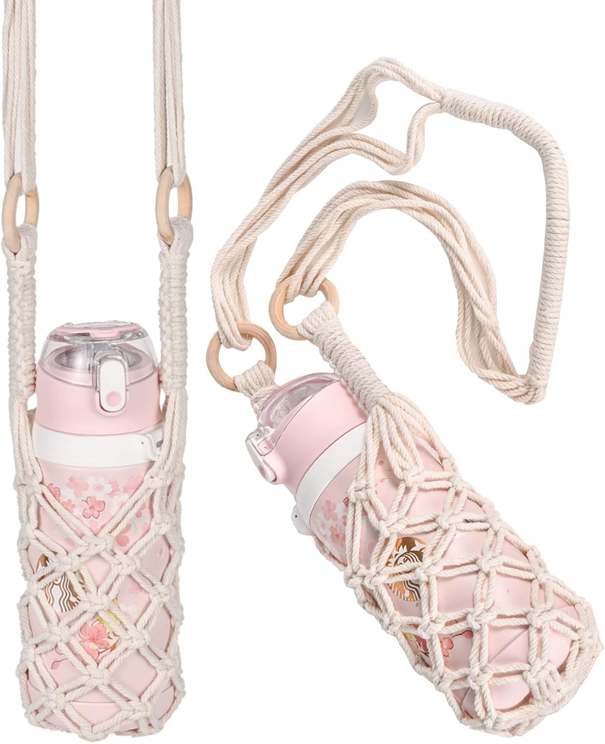 Eiyye 2-Pack Crochet Water Bottle Crossbody Holders – 100% Cotton Beverage Slings (Boho Macrame Style)