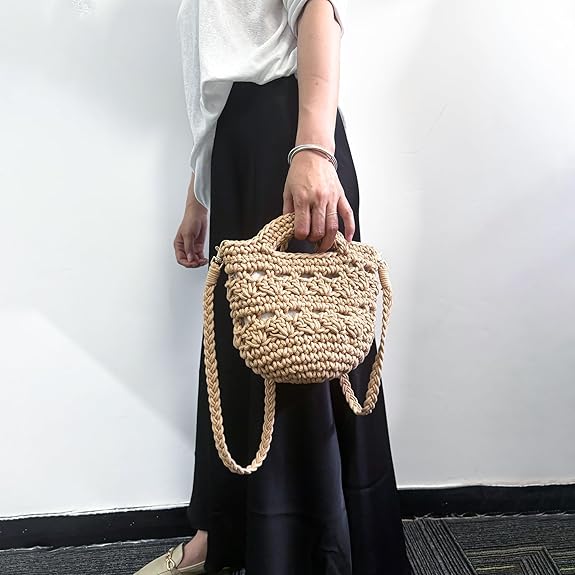 Eiyye Crochet Crossbody Bag for Women Handmade Boho Woven Cotton Shoulder Purse Small Summer Beach Bag with Magnetic Closure
