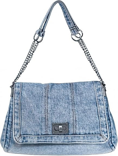 Eiyye Denim Purse for Women Vintage Jean Crossbody Purse with Chain Strap & Turn-Lock Flap Casual Hobo Style