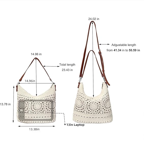 Eiyye Boho Crochet Shoulder Bag with Purse Organizer Insert Handwoven Cotton Crossbody Bag with Inner Storage Insert, Adjustable Strap, Ideal for Travel and Daily Use