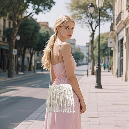 Eiyye Crochet Crossbody Bag for Women Handmade Macrame Fringe Shoulder Purse Boho Purse Fall Festival & Travel Bag Lightweight Tassel Tote Handbag