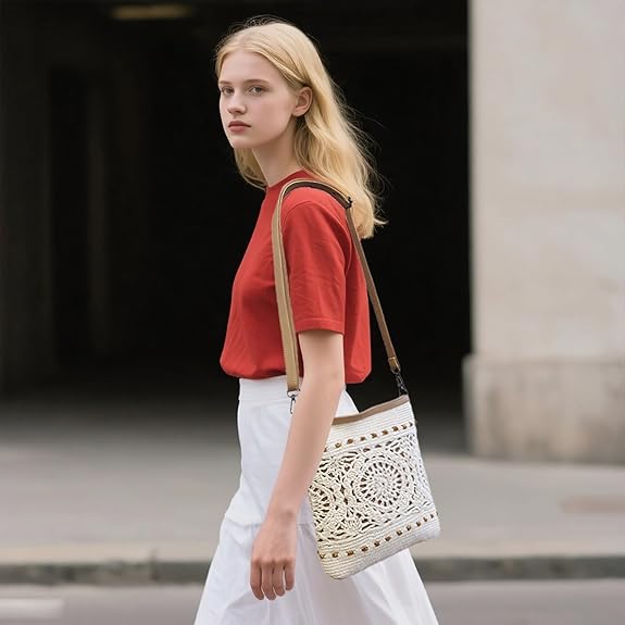 Eiyye Handmade Crochet Purse Shoulder Bag for Women Cotton Crossbody Purse with Adjustable Strap Boho Tote Bag for Everyday Outfits