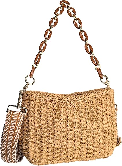 Eiyye Hobo Bag Women’s Straw Crossbody Bag Handmade Small Woven Summer Beach Handbag with Chain for Travel, Shopping, Camping, Beach Vacations