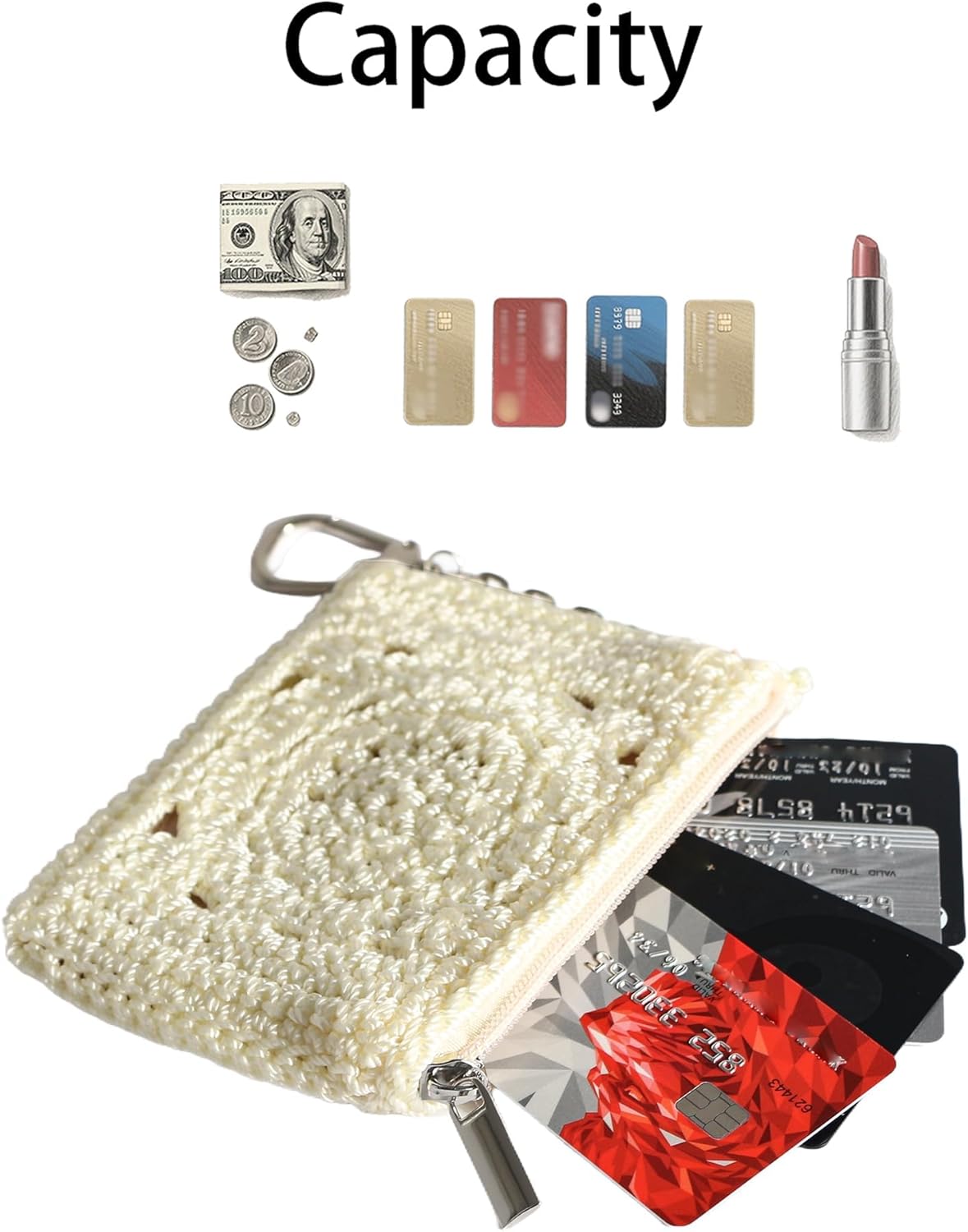 Eiyye Card Holder Wallet Handmade Crochet Small Wallet with Zipper Credit Card Holder for Coin Cards & Driver's License (Khaki)
